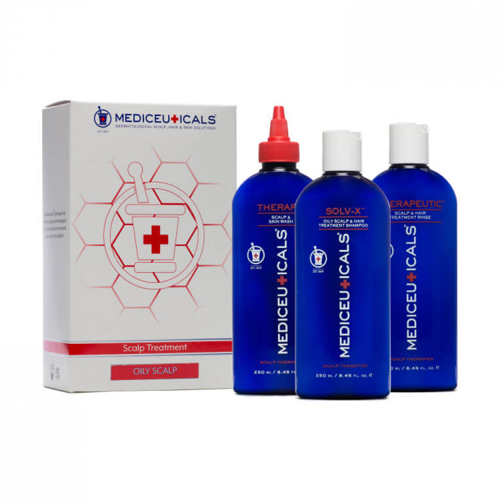 Mediceuticals Набор для жирной кожи головы Шампунь Solv-X 250ml, Кондиционер Therapeutic 250ml, Очищающий уход TheraRx 250ml