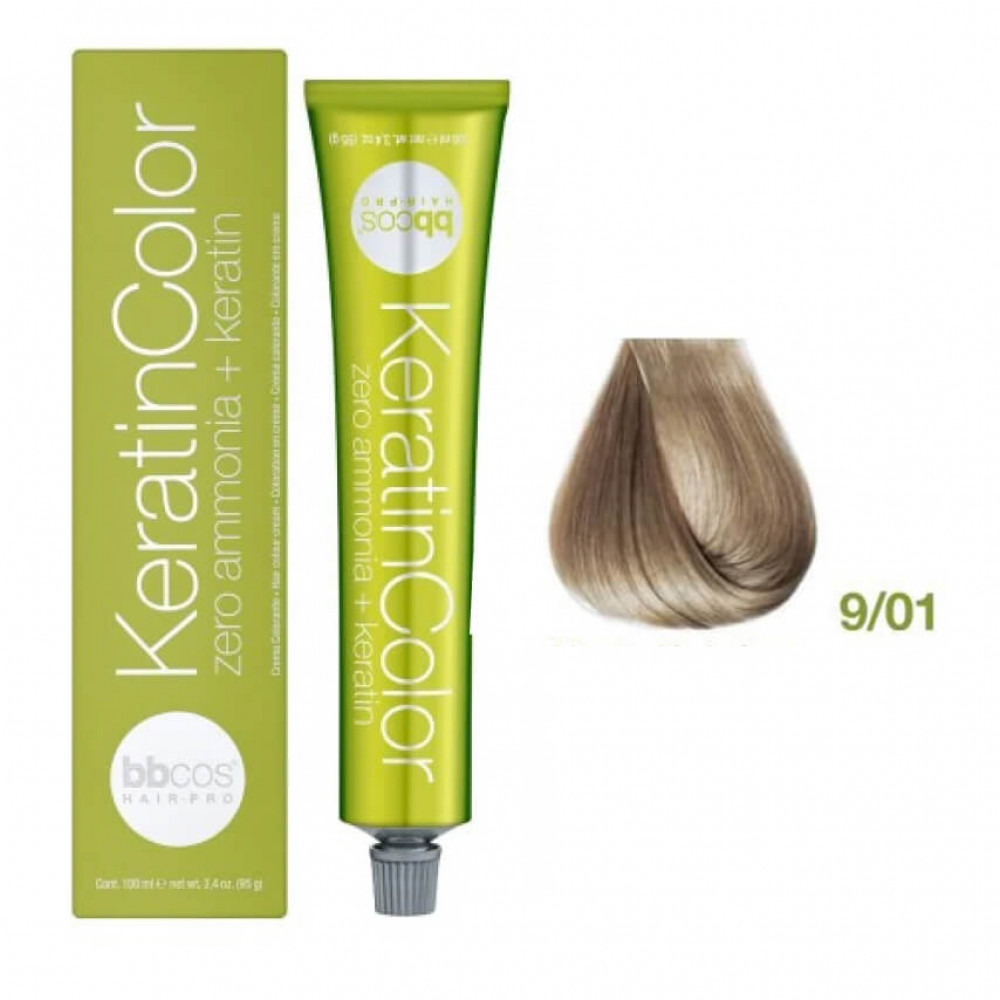 Bbcos KERATIN COLOR фарба для волосся 9/01 блондин дуже світлий попелястий, 100 ml