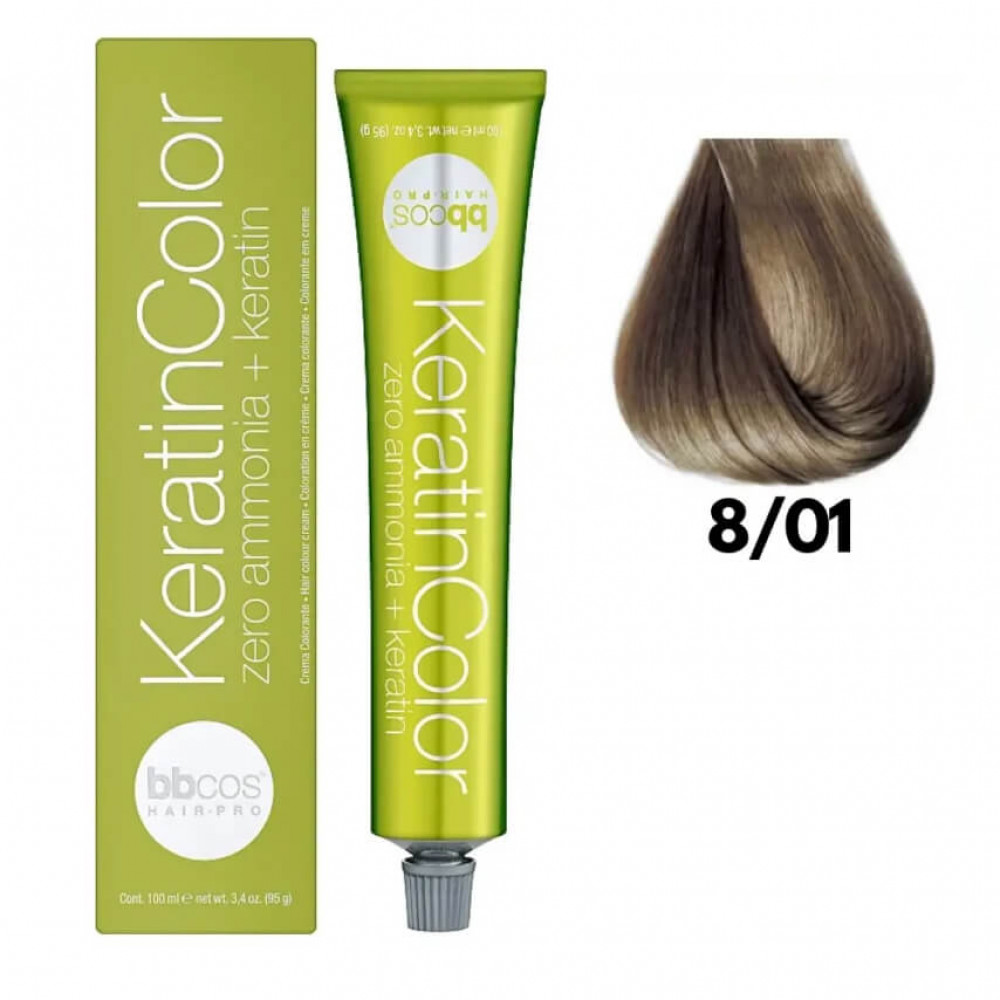 Bbcos KERATIN COLOR фарба для волосся 8/01 блондин світло-попелястий, 100 ml