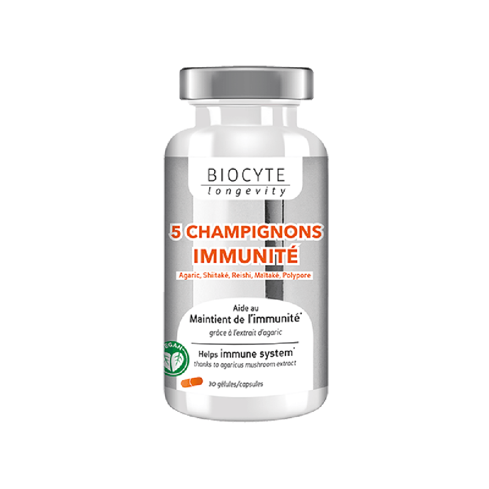 Biocyte 5 Champignons Сприяє зниженню втоми та нормальному функціонуванню імунної системи, підвищує стійкість до захворювань, 30 капсул