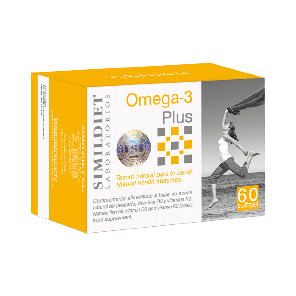 Simildiet Omega-3 Plus Нутрицевтик, объединивший в себе важнейшие Омега-3 полиненасыщенные жирные кислоты (EPA, DHA) и жирорастворимые витамины (D3, K2, E), для сохранения природной красоты кожи, волос и ногтей, 60 капсул