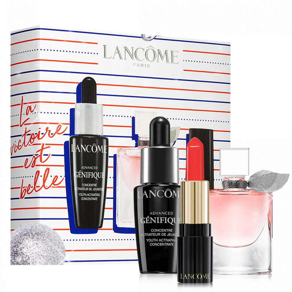 Набор Lancome La Vie Est Belle для женщин (оригинал) - mini set (edp 4 ml mini + L'Absolu Rouge Ruby Cream 01 Bad Blood Ruby lipstick 1.3 g + Advanced Genifique serum 10 ml)